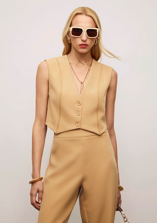 Colete Iódice Ajustado Sem Manga Cropped Bege
