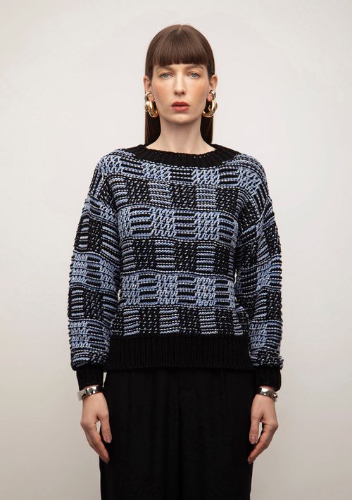 Blusa Iódice Ajustada Decote Canoa Manga Longa Padrão Azul