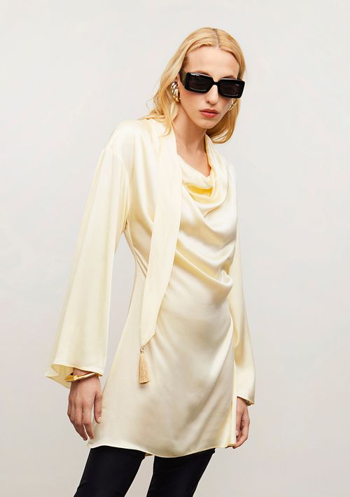 Vestido Iódice Solto Decote V Manga Longa Curto Amarelo