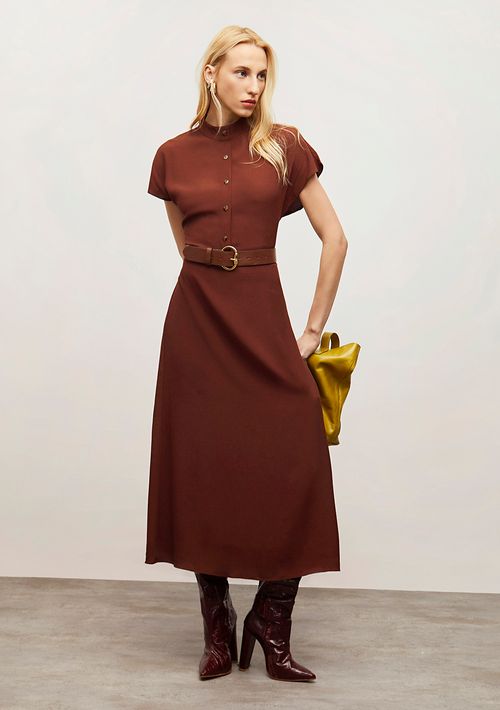 Vestido Iódice Solto Gola Alta Manga Curta Midi Marrom