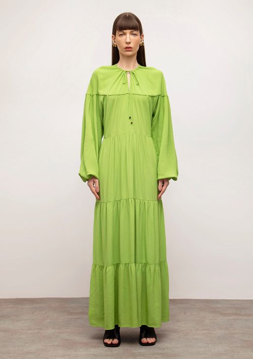 Vestido Iódice Solto Decote V Manga Longa Longo Verde