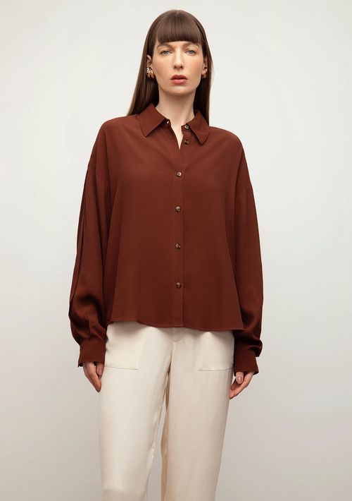 Camisa Iódice Solta Polo Manga Longa Padrão Marrom