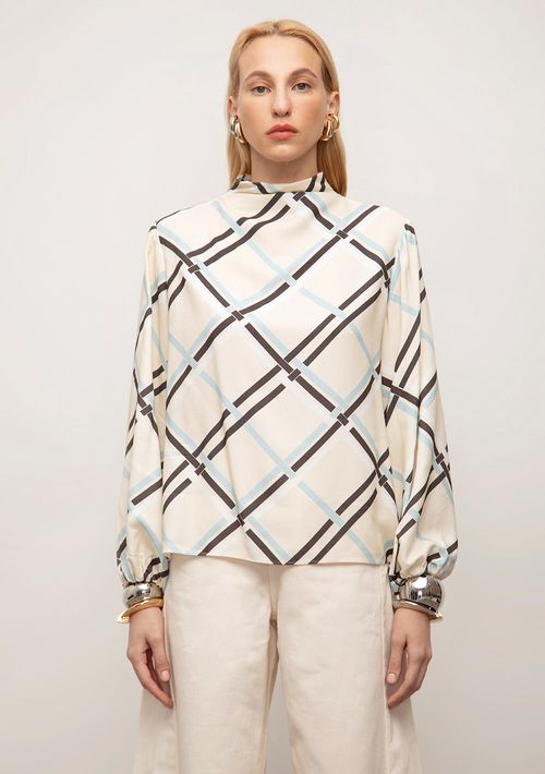 Blusa Iódice Solta Gola Alta Manga Longa Padrão Off White