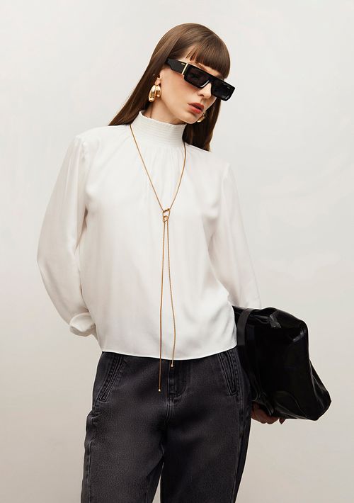 Blusa Iódice Solta Gola Alta Manga Longa Padrão Off White