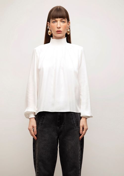 Blusa Iódice Solta Gola Alta Manga Longa Padrão Off White