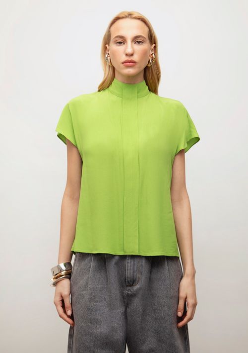 Camisa Iódice Solta Gola Alta Manga Curta Padrão Verde