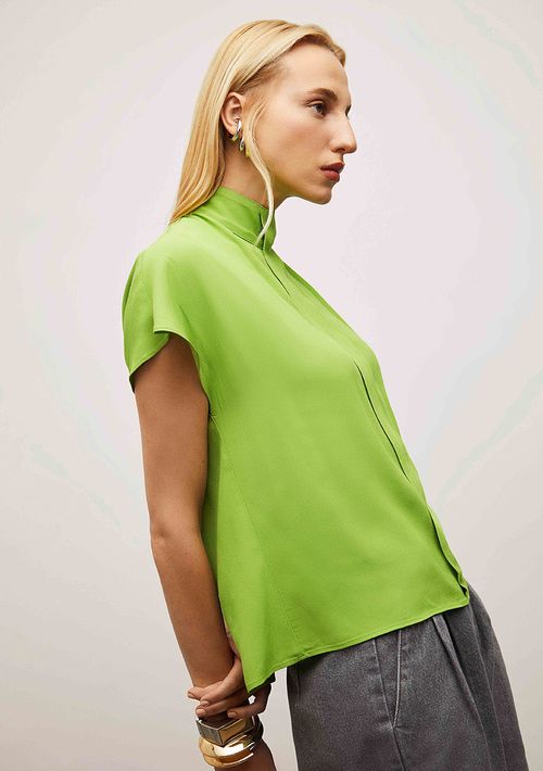 Camisa Iódice Solta Gola Alta Manga Curta Padrão Verde