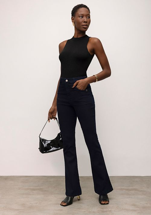 Calça Iódice Boot Cut Cós Alto Com Recorte Jeans