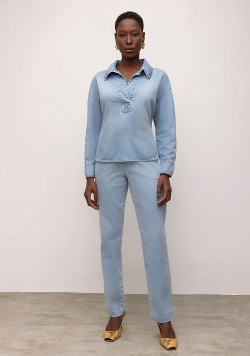 Calça Iódice Reta Cós Alto Alfaiataria Jeans