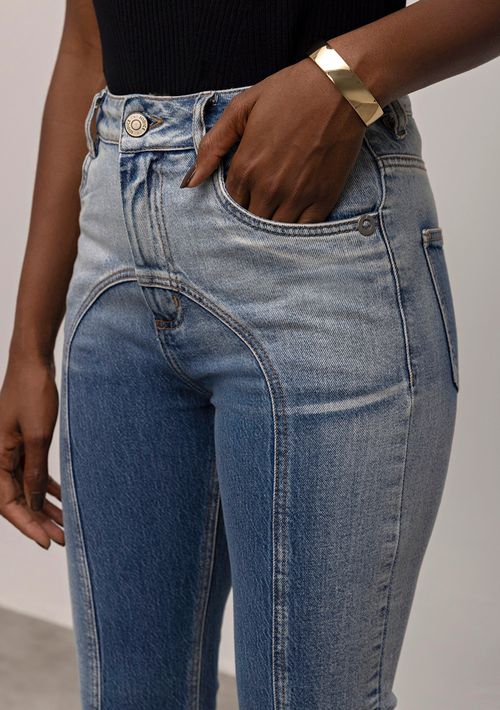 Calça Iódice Skinny Cós Alto Com Recorte Jeans