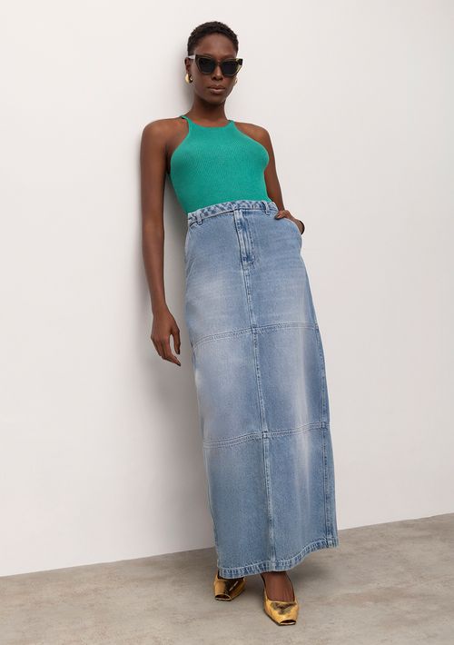 Saia Iódice Longa Reta Com Fenda Jeans