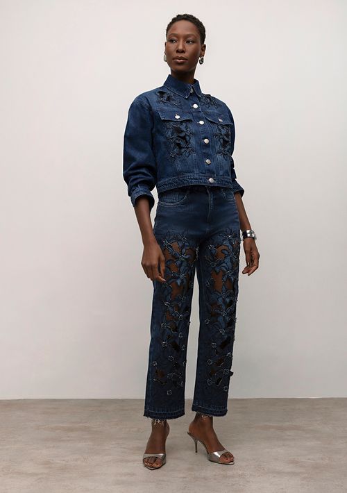 Calça Iódice Reta Cós Alto Com Aplicacao Jeans