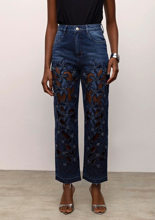 Calça Iódice Reta Cós Alto Com Aplicacao Jeans