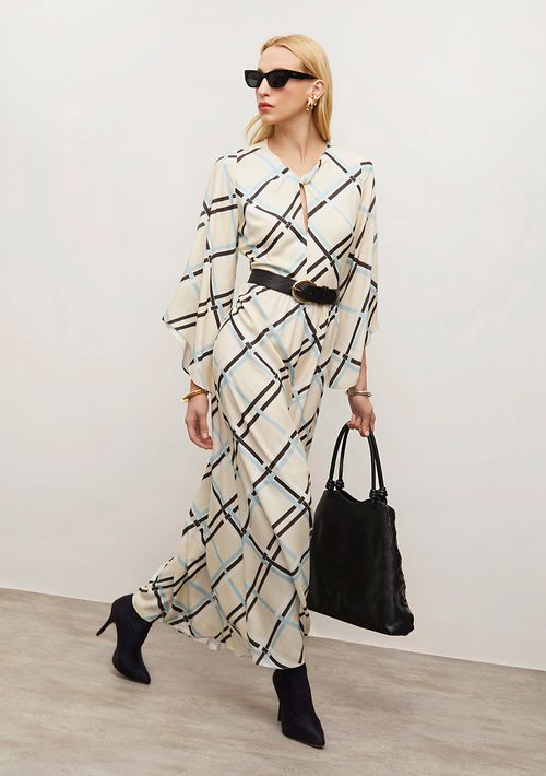 Vestido Iódice Solto Decote V Manga Longa Longo Off White
