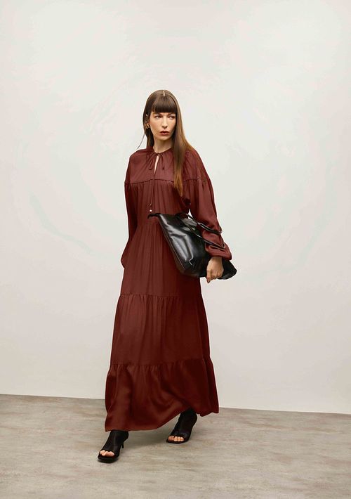 Vestido Iódice Solto Decote V Manga Longa Longo Marrom