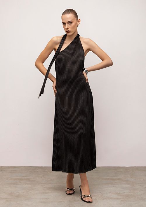Vestido Iódice Midi Decote Assimétrico Com Faixa Preto