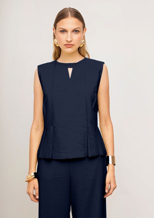 Blusa Iódice Ajustada Decote Careca Manga Curta Padrão Azul