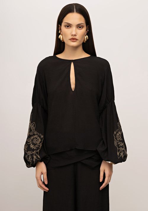 Blusa Iódice Solta Decote Careca Manga Longa Padrão Preto