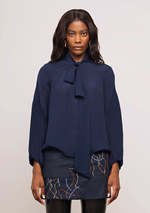 Blusa Iódice Solta Decote V Manga Longa Padrão Azul