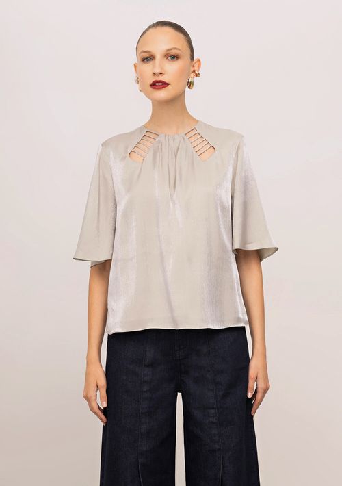 Blusa Iódice Solta Decote Careca Manga Curta Padrão Cinza