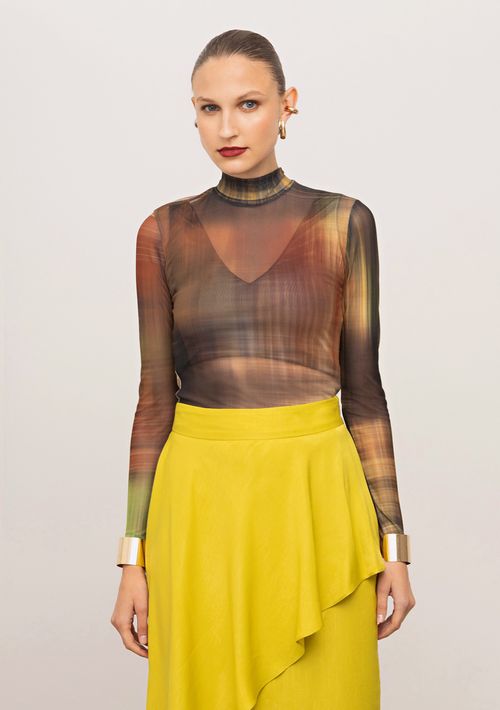 Blusa Iódice Ajustada Gola Alta Manga Longa Padrão Verde