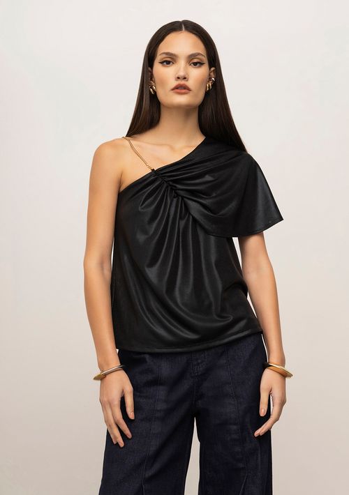 Blusa Iódice Solta Um Ombro Só Manga Curta Padrão Preto