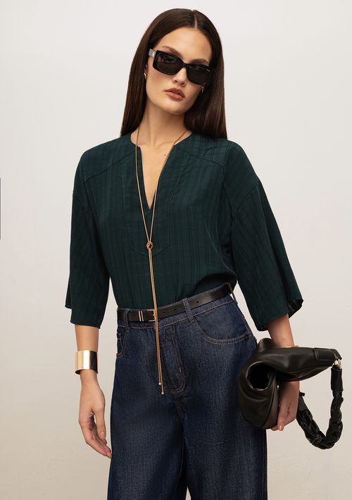 Blusa Iódice Solta Decote V Manga Longa Padrão Verde