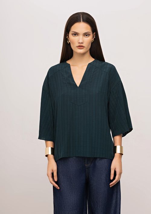 Blusa Iódice Solta Decote V Manga Longa Padrão Verde