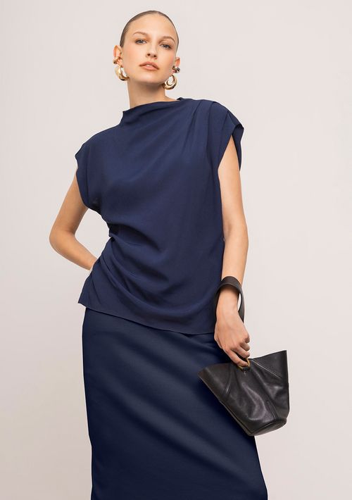 Blusa Iódice Ajustada Gola Alta Manga Curta Padrão Azul