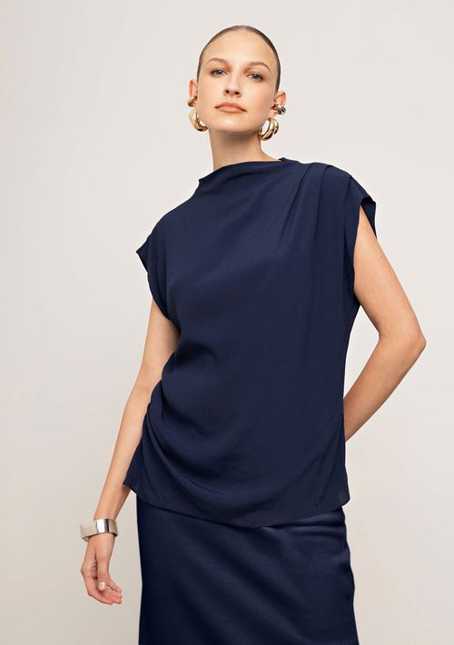 Blusa Iódice Ajustada Gola Alta Manga Curta Padrão Azul