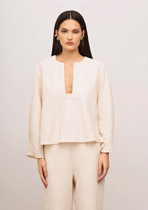 Blusa Iódice Solta Decote V Manga 7 Oitavos Padrão Bege