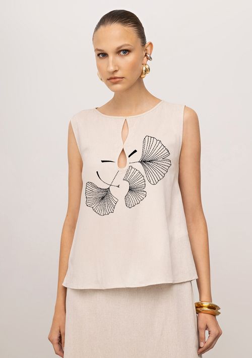 Blusa Iódice Solta Decote V Sem Alça Padrão Bege