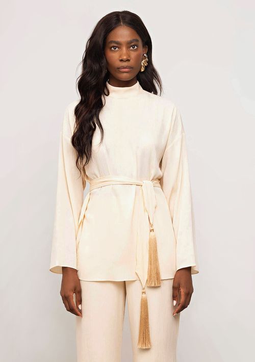 Blusa Iódice Solta Decote V Manga Longa Alongada Bege