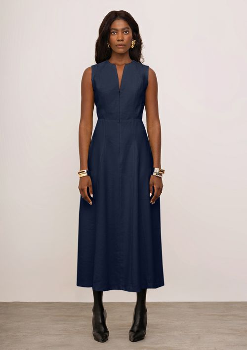 Vestido Iódice Solto Decote V Sem Manga Midi Azul
