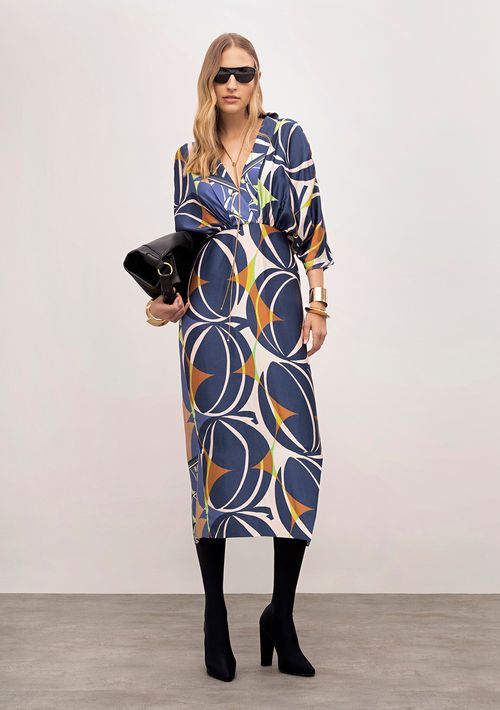 Vestido Iódice Ajustado Decote V Manga Curta Midi Azul