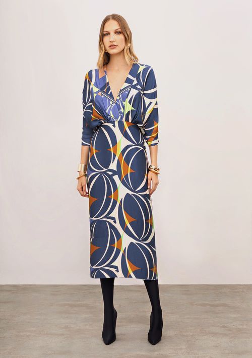 Vestido Iódice Ajustado Decote V Manga Curta Midi Azul