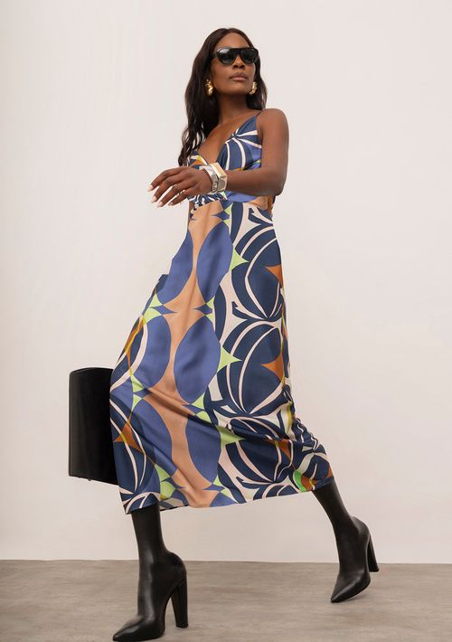 Vestido Iódice Ajustado Decote V Sem Manga Midi Azul