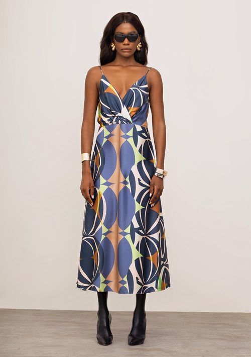 Vestido Iódice Ajustado Decote V Sem Manga Midi Azul