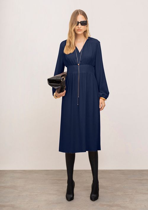 Vestido Iódice Solto Decote V Manga Longa Midi Azul