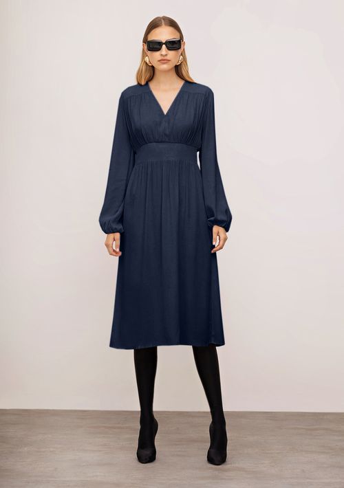 Vestido Iódice Solto Decote V Manga Longa Midi Azul