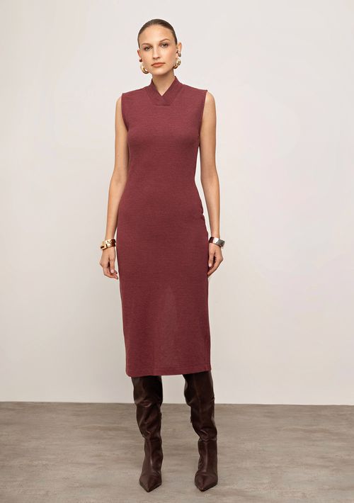 Vestido Iódice Ajustado Gola Alta Sem Manga Midi Vermelho