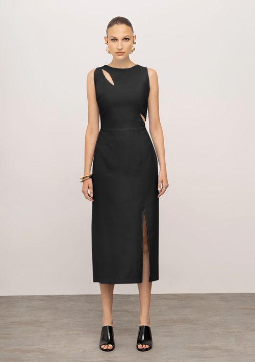 Vestido Iódice Ajustado Decote Careca Sem Manga Midi Preto