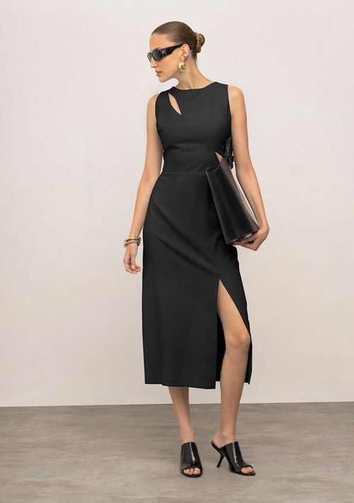 Vestido Iódice Ajustado Decote Careca Sem Manga Midi Preto
