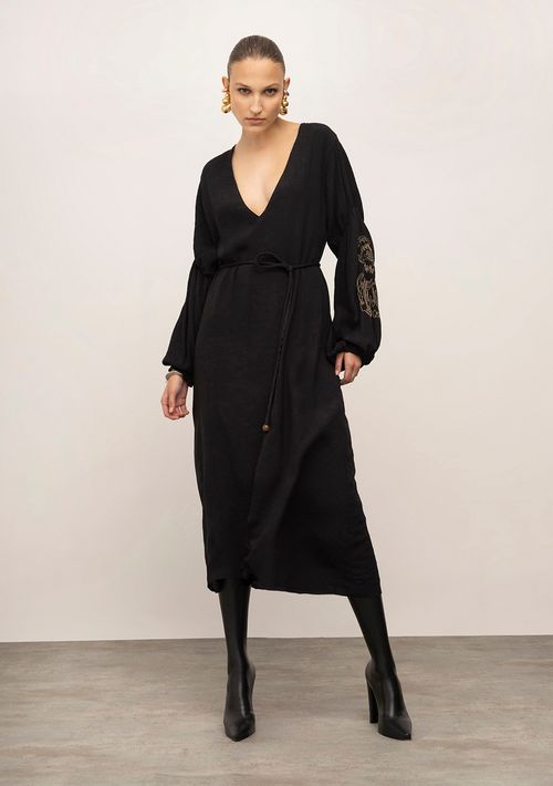 Vestido Iódice Solto Decote V Manga Longa Midi Preto