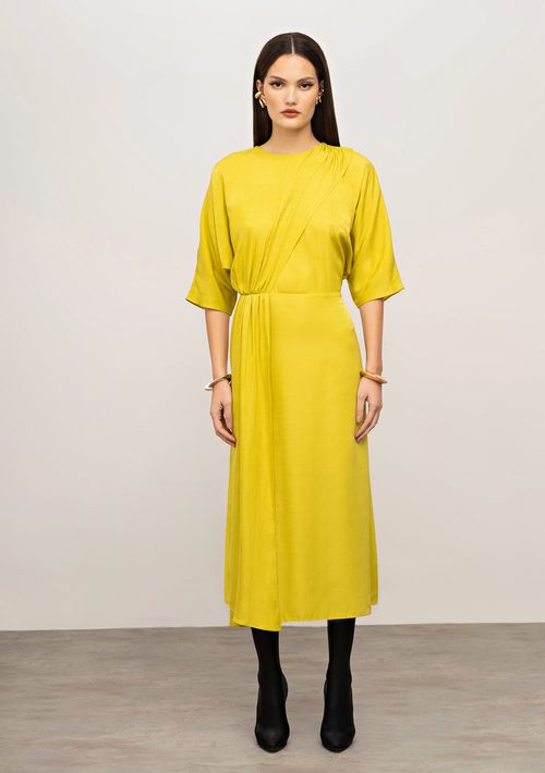 Vestido Iódice Solto Decote Careca Manga Longa Midi Amarelo
