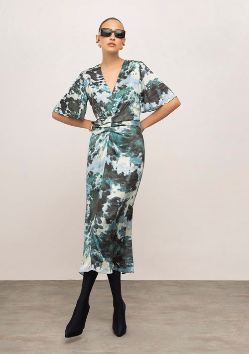 Vestido Iódice Ajustado Decote V Manga Curta Midi Verde