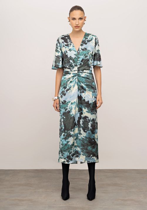 Vestido Iódice Ajustado Decote V Manga Curta Midi Verde