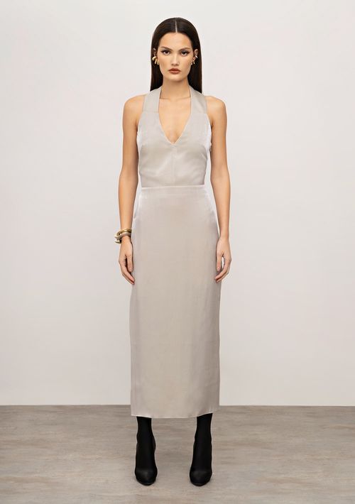 Vestido Iódice Ajustado Decote V Sem Manga Midi Cinza