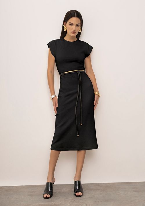 Vestido Iódice Ajustado Decote Careca Manga Curta Midi Preto