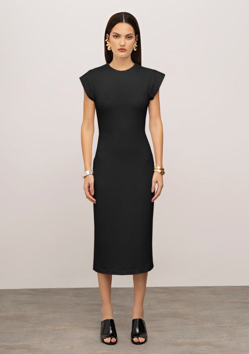 Vestido Iódice Ajustado Decote Careca Manga Curta Midi Preto
